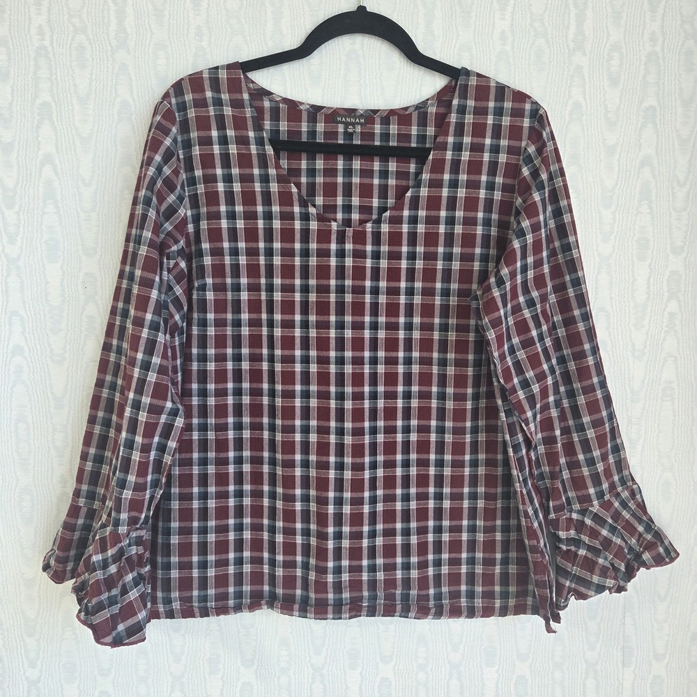 Hannah‎ Plaid Top Womens XL Woven Long Sleeve Ruffle Cabin Forest Preppy Red